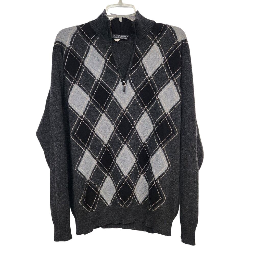 Lombardo Custom Apparel Mens Charcoal Gray Argyle Quarter-Zip Sweater-Size Large